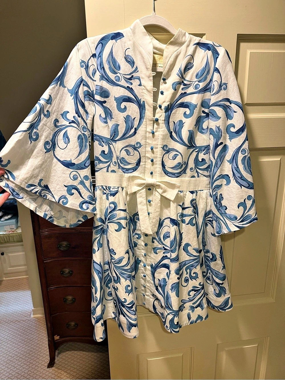 Mestiza Floral Mini Dress in White & Blue Size Small